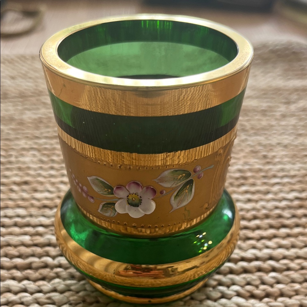 Vintage Czechoslovakia Enamel Gold Green Glass Cigarette Holde 4.25”H 3”W